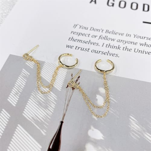 Double Layer Chain Ear Cuff Halo Round Cut CZ S925 Sterling Silver Stud Earrings for Women 14k Gold Plated Cartilage Clip on Huggie Hoops Climber Crawler Long Chain Dangle Drop Fashion Jewelry Bff3