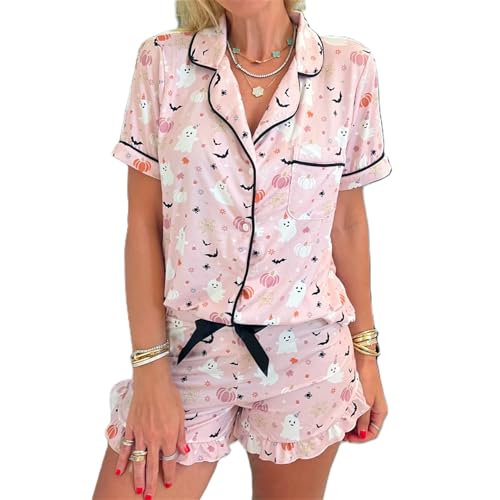 Women Cute Halloween Pumpkin Pajama Set 2 Piece Y2k Silky Satin Button Down Short Sleeve Shirt Shorts Sets Loungewear