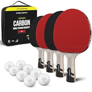 PRO-SPIN Tischtennisschläger – ITTF-zugelassener Carbon Profischläger für überlegene Präzision und Spin | Profi-Obergummi, 2, 0 mm Schwammstärke, Schutzhülle (Rot, Set für 4 Spieler)