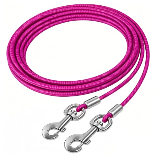 HaiYUAN Dog Tie Out Cable 10/15/20/25/30 FT Runner for Yard Steel Wire Leash with Durable Superior Clips Chain for Outside Lead for Large Dogs Up to 165 lbs10FTPink