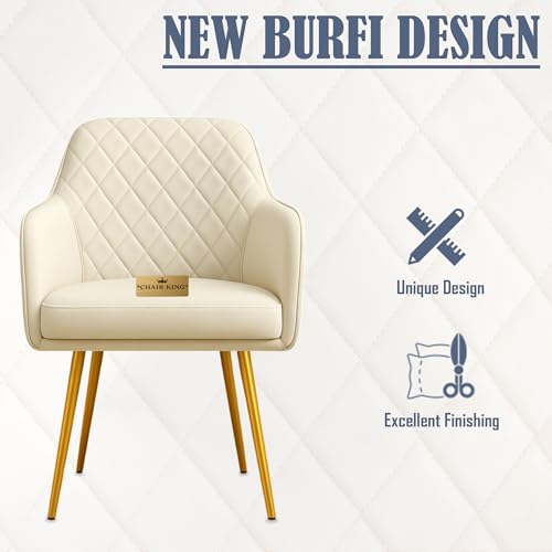 Image of Barfi Velvet Dining Chair | Set of 2 Premium Modern Upholstered Accent Chair with Armrest, Padded Seat and Metal Legs | Comfy Chair for Home, Office & Restaurents | (Off White with Puffy)