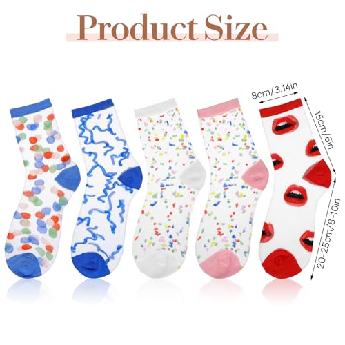 Ouligay 5 Pairs Sheer Socks Women Ankle,Ransparent Thin Mesh Lace Socks Women,Acrylic Color Spots Womens Trouser Sock,Transparent Mesh Sock for Girl(Multiple Styles)4