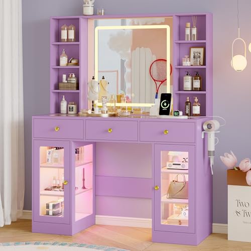 Image of Makeup Vanity Desk with Mirror and Lights, 43 inch Purple Vanity with Glass Top, Jewelry Storage, 3 Drawers & Glass Cabinets, Power Outlet & Adjustable LED Lights, Dressing Table for Women & Girls Bedroom