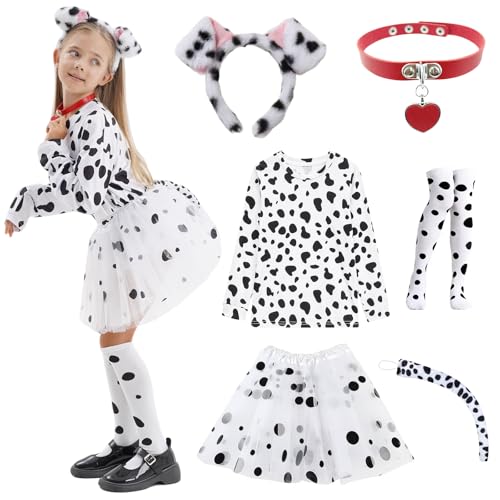 COSPELEY 101 Dalmatian Costume for Kids, Girls Shirt Outfit Ears Headband Socks Accessories for 101st Day Of School (Middle(8-10yr))