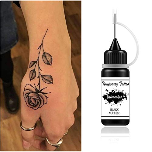 Freehand Ink Temporary Tattoo Kit Jagua Gel Semi Permanent Tattoo 3 Bottles Black 1.5Oz Temp Tattoos For Women Men Kids Body Art Markers 30 Pcs Free Stencils Diy Tattoos Fake Freckles Kits #TOP7