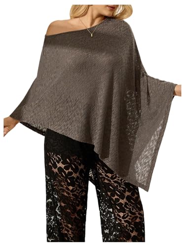 MakeMeChic Women's Plus Size Knit Sheer Poncho Top One Shoulder Asymmetrical Y2K Lightweight Pullover