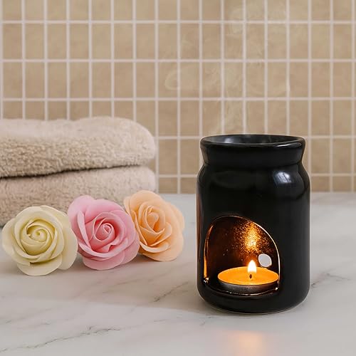 Image of Pure Source India Ceramic Aroma Diffuser Oil Burner - Tealight Candle Wax Melt & Essential Oil Warmer with Gift Box (Black)