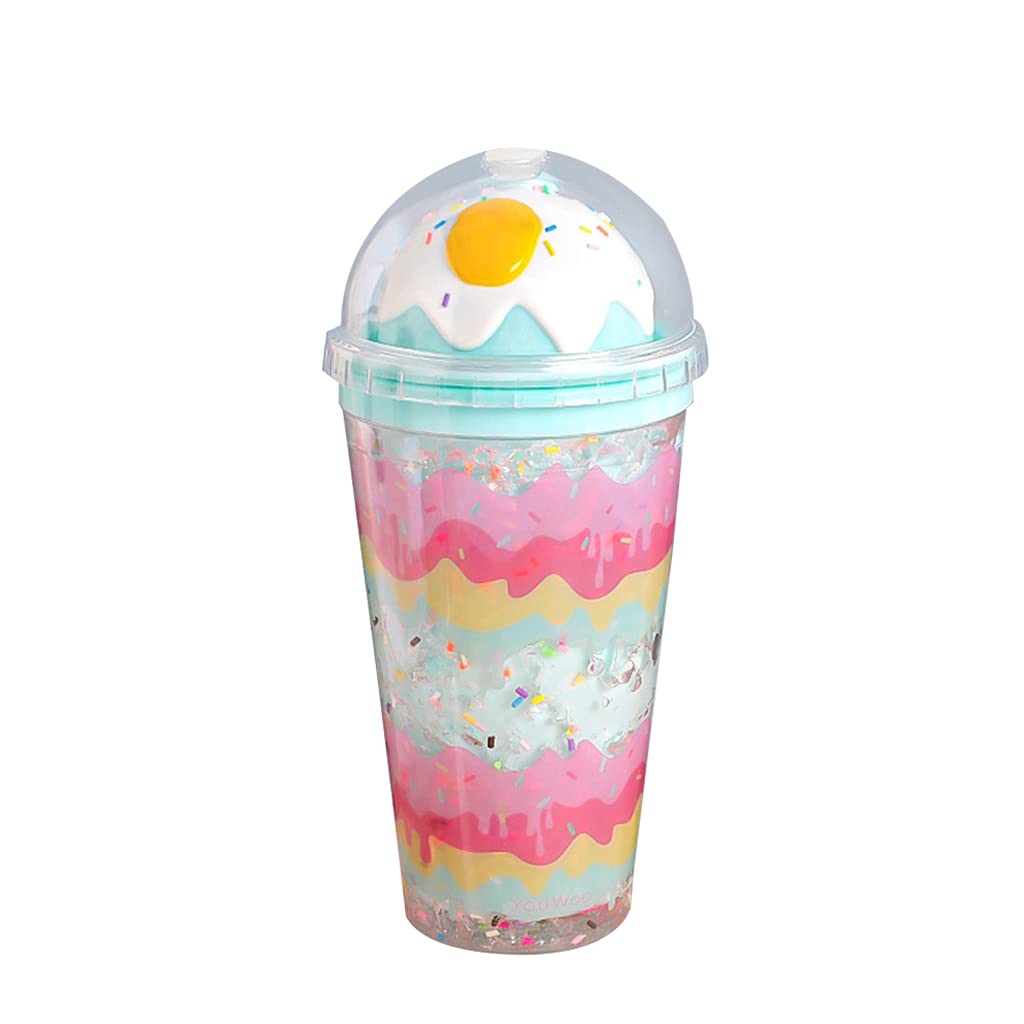 MALSSE Ice Cup with Lid Double Wall Tea Cup Sparkling Sequins Milk Cups for Ice Drinks 4 Colors Cups with Lids for Drinks Blue Yellow Green