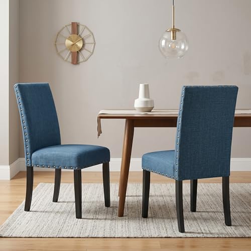 Image of Roundhill Furniture Biony Blue Fabric Dining Chairs with Nailhead Trim, Set of 2
