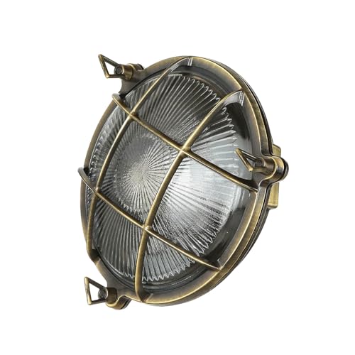 Lámpara de pared exterior de latón y cristal en estilo antiguo IP64 para balcón y jardín, 21 cm de diámetro, E27, redonda con rejilla, estilo marítimo rústico, SERIFOS