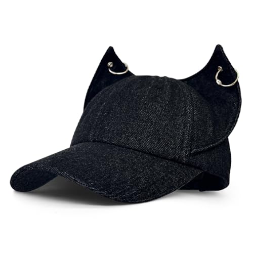 Y2K Fox Ears Baseball Cap with Iron Ring Unisex Denim Dad Hat Animal Ears Grunge Aesthetic Hat