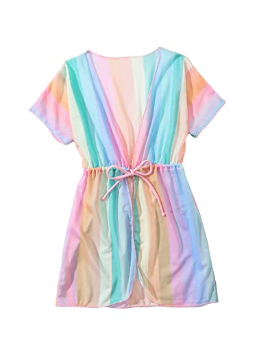 OYOANGLE Girl's Drawstring Waist Short Sleeve Swimwear Kimono Sheer Mesh Cover Up Short Dress