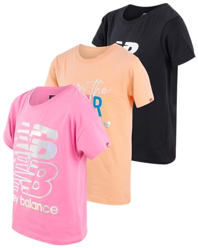 New Balance Girls Athletic Shirts - 3 Pack Active Performance Girls Shirts - Crew Neck Graphic Short Sleeve Tee Athletic Top, Size 14-16, Mango/Black/Pink