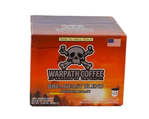Warpath Coffee K-cups 42 Count | Breakfast Blend Medium Roast | High Caffeine, Extra Strong Roasted 100% Arabica K Cup Coffee Pods, Single Serve, Full Bodied Intense Cup, Created by Navy Seals