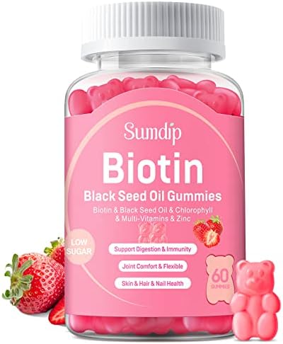 Black Seed Oil Gummies with Biotin 10,000mcg for Immune Support, Healthy Hair&Skin&Nails for Women and Men with Chlorophyll, Zinc, Vitamin A, B6, B12, C, D, E, Organic Vegan Supplement - 60 Gummies