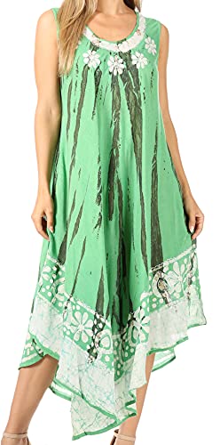 Sakkas 15009 - Alexis Embroidered Long Sleeveless Floral Caftan Dress/Cover Up - Sea Green - One Size