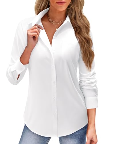 J.VER Dress Shirts for Women Button Up Solid Long Sleeve Business Casual Collared Shirt Medium White