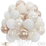 100pcs White Gold Balloons - 12inch Metallic Champagne Gold White Mixed Party Balloons for Weddings, Birthdays, Baby Showers (2 Ribbons)