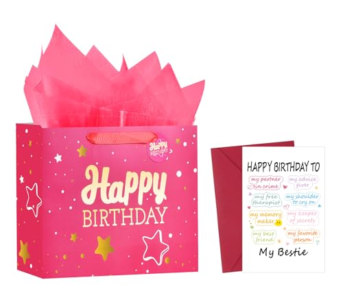 Image of Powbrace 13 inch Pink Happy Birthday Gift Bag with Tissue Paper and Greeting Card for Party,Happy Birthday Gift Bag for Women Bestie, Gift Bags Medium size(1 PCS Pink, Attach Bestie Cards)