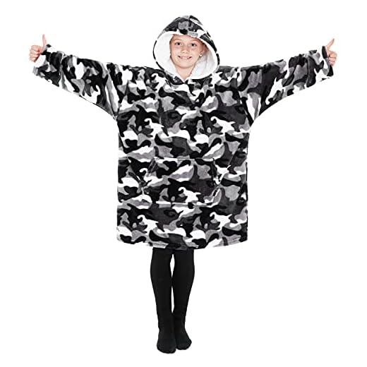 CityComfort Filtar med huvtröja för pojkar, pullover, fleece och huvtröja, filt för att sätta på, Kamo, One size