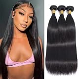Straight Bundles Human Hair 14 16 18 Inch Brazilian Human Hair Bundles 100% Unprocessed Virgin Hair Weave Bundle Extensions for Women Natural Black Color