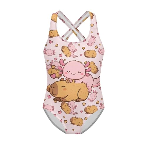 Image of Girls One Piece Swimsuits Axolotl Cross Back Swimwear Beach Summer Quick Dry Beach Bathing Suit