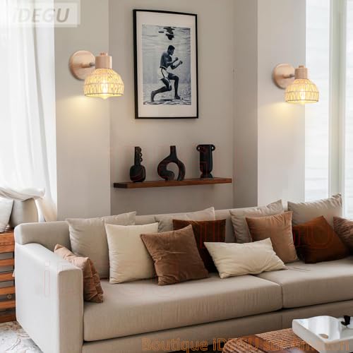 Aplique regulable para pasillo salon café iDEGU lámparas de pared interior madera ratán 2 uds 4