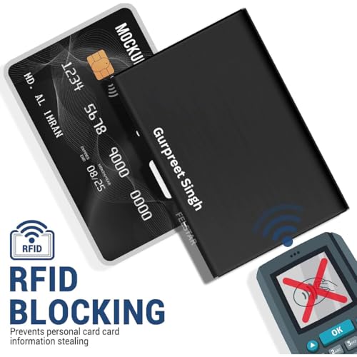 Image of FELSTAR Customized /Personalized Name Engraved RFID Blocking Metal Smart Credit /Debit ATM Card Holder Wallet 6 Slot Holds 10-12 Cards for Men and Women (Black)