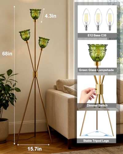 Image of 3-Light Tripod Glass Floor Lamp, Gold Standing Lamp with Green Tulip Lace Glass Shade, Rotary Dimmable LED Floor Lamp for Living Room Bedroom Home Office Sofa Beside Corner Decor, Bulb Included