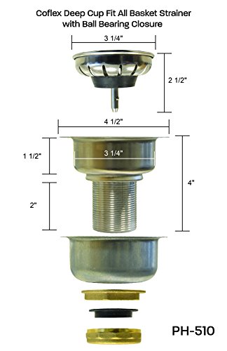 Coflex Kitchen Sink Drain Strainer, Deep Cup Basket with Easy-Press and Ball Bearing Closure, Fits 3-1/2" Drains, Chrome Finish