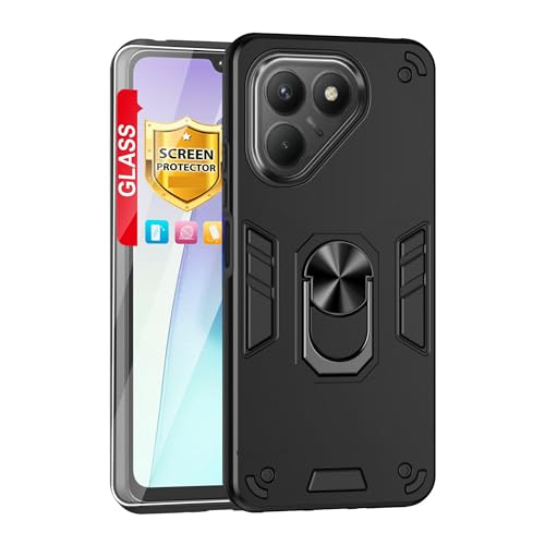 Lucyliy Compatible with Tecno Pova 7 4G Case [with Tempered Glass Screen Protector] for Tecno Pova 7 Neo LJ6 Phone Case Black