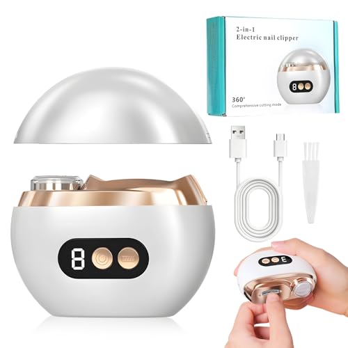 2 in 1 Automatic Electric Nail Clippers, New Electric Nail Clipper, Portable Nail Trimmer with LED Light and Nail Scraps Storage, USB Rechargeable, 2-Speed Fingernail Trimmer for All Ages (White)