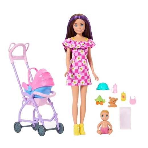 Barbie Skipper Babysitters Inc. Conjunto con muñeca Morena, muñeca Rubia, Cochecito con Sillita de Coche Desmontable y 7 Accesorios, JJB42