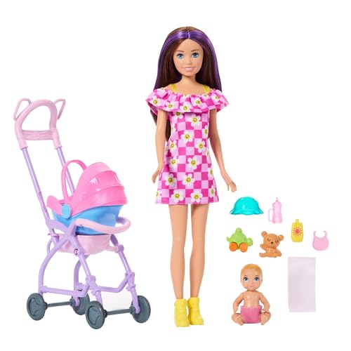 Barbie Skipper Babysitters Inc. Conjunto com boneca Morena, boneca Loira, Carrinho com Assento de Carro Desmontável e 7 Acessórios, JJB42