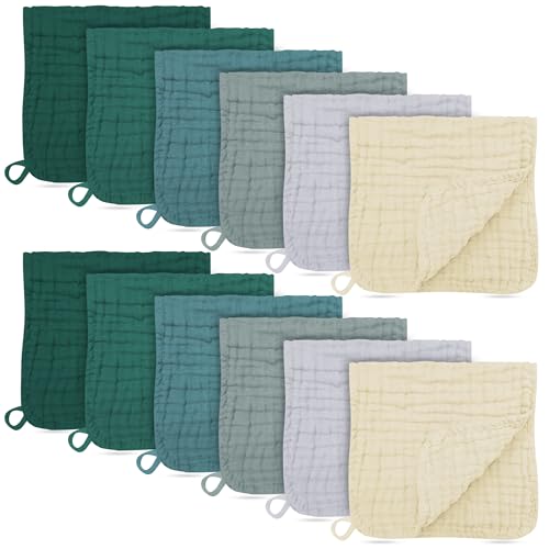 Image of BAMBOO QUEEN 12 Pack Muslin Burp Cloths - Large 20" x 10", Ultra Absorbent 100% Cotton for Baby Drool and Messes - Soft, Gentle Baby Burp Rag for Boys & Girls -Ivory, Slate, Emerald Series