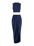 Women's Casual Sleeveless Summer Two Piece Outfits Crop Top and Side Split Draped Ruched Maxi Skirt Set Solid Suiting