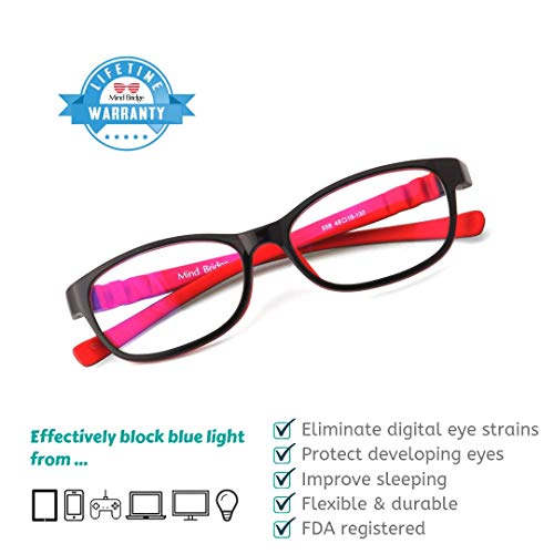 Mind Bridge Kids Blue Light Blocking Computer Video Gaming Glasses - Anti Eyestrain | Durable Cute Protection Eyewear For Children Boys & Girls Digital Screen Time & Technology Use | 558 Black Red #TOP1