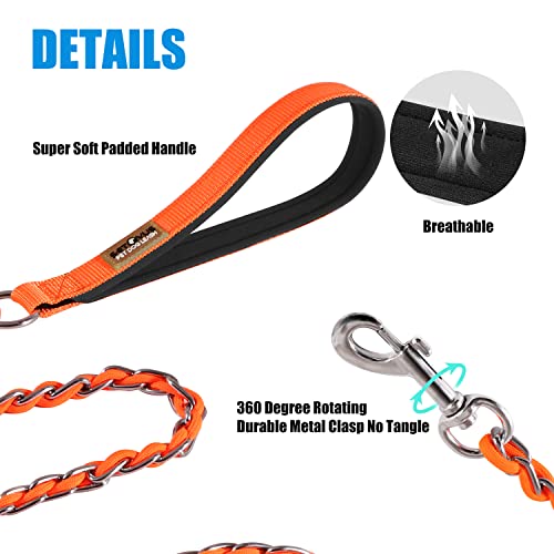 Chew Proof Metal Leash Chain Dog Leash For Medium Large Dogs, Chain Link Dog Leash Anti Chew 4Ft Strong Anti Bite Dog Leash Comfortable Soft Padded Handle Orange #TOP1