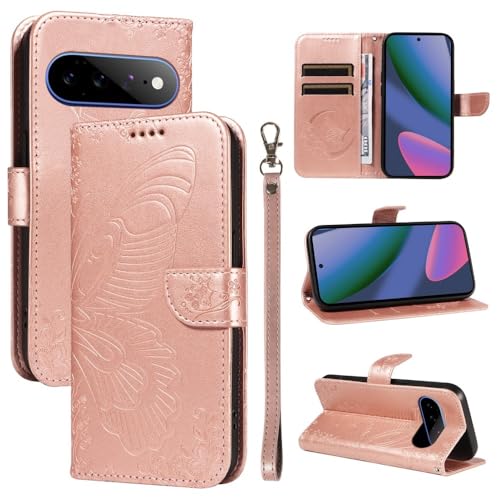 Coque Pixel 6 Pro portefeuille or rose finition papillon