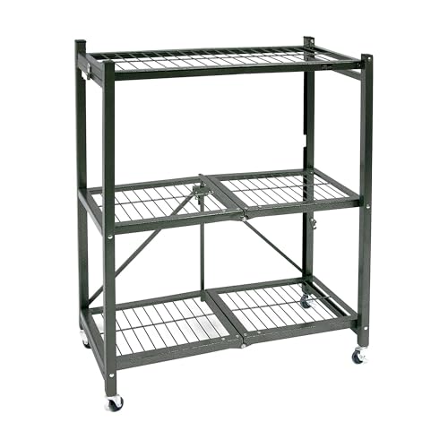 Image of Origami 3-Tier Foldable Storage Shelves, Heavy Duty Rolling Shelf Rack with Wheels, Pewter