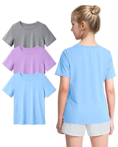 Image of KEREDA Girls Athletic Shirts Quick Dry T Shirts Summer UPF 50+ Tops 3 Pack
