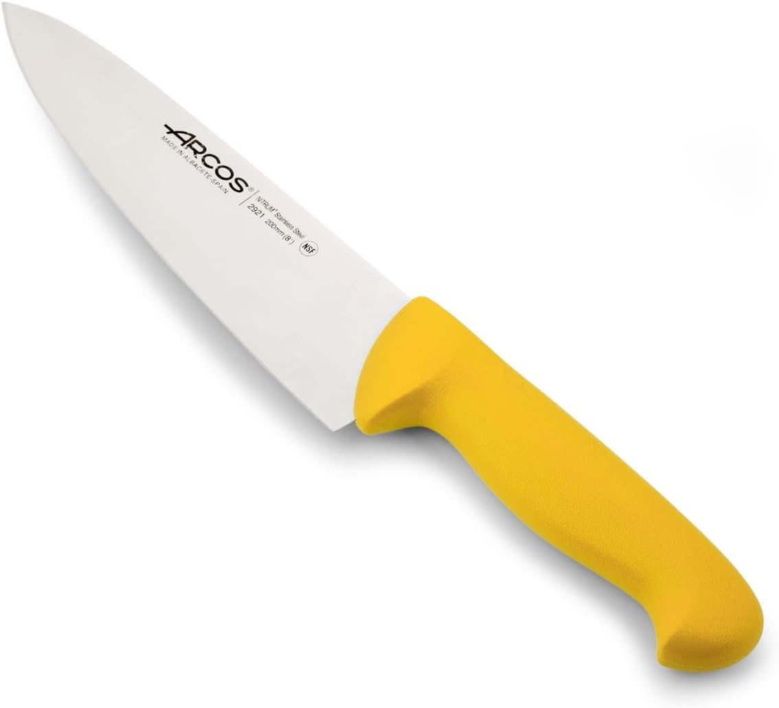 Arcos Chef Knife 8 Inch Nitrum Stainless Steel and 200 mm blade. Professional Multipurpose Cooking Knife. Ergonomic Polypropylene Handle. Series 2900. Color Yellow