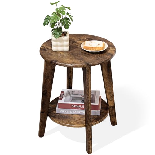 FEUFOAM Small Round Side Table Wooden End Table with Lower Shelf Modern Nightstand Bedside Tables for Small Spaces, Living Room, Bedroom Retro Brown