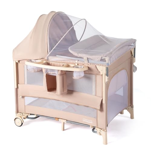 Image of JOYMOR 9 in 1 Bedside Bassinet with Changing Table, Pack and Play with Bassinet, Convert to Rocking Baby Bed with Electric Music Center, Mosquito Net, Storage, Beige