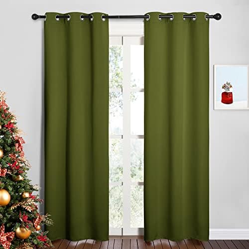 NICETOWN Window Curtain Panels, Christmas Window Decoration Thermal Insulated Solid Grommet Blackout Draperies/Drapes (One Pair, 34 by 84-inch, Olive Green)