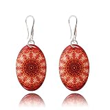Pendientes Colgantes Boho Grande Redondo Mandala Diseño Ligero; Joyería para Mujer (Estilo 43 - Ovalado Rojo Oscuro)