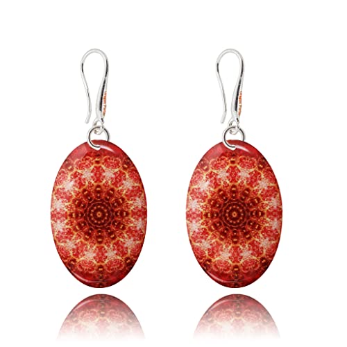 Pendientes Colgantes Boho Grande Redondo Mandala Diseño Ligero; Joyería para Mujer (Estilo 43 - Ovalado Rojo Oscuro)