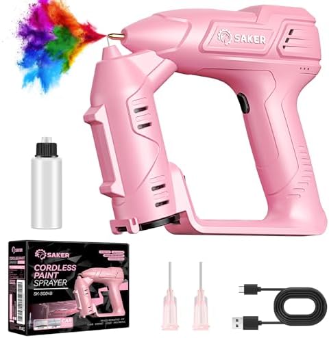 Saker Cordless Paint Sprayer Gun for Cars, Electric Handheld High Power Airbrush Kit Portable Spray Paint Gun for Painting Cars,Cabinet, Paint Repair and DIY Pink 1 Gear 12inch