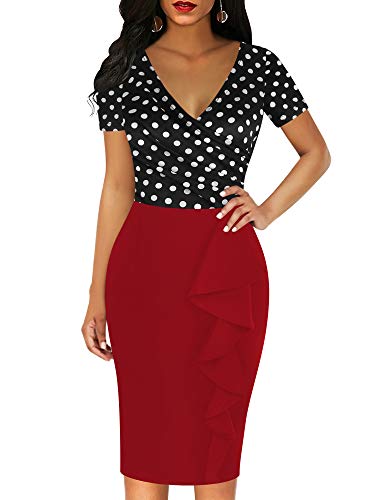 Oxiuly Womens Cross V Neck Slim Ruffle Hem Cocktail Party Sheath Pencil Dress Ox300 (L, Dot-Red) #TOP25