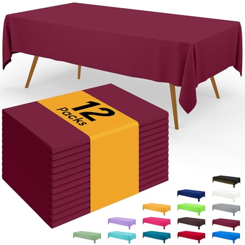 Image of Smiry Disposable Table Cloth - 12 Pack, 54 x 108 Inch Waterproof Rectangle Tablecloths for Parties, Decorative Plastic Table Cover, Leakproof & Sturdy, Wine Red